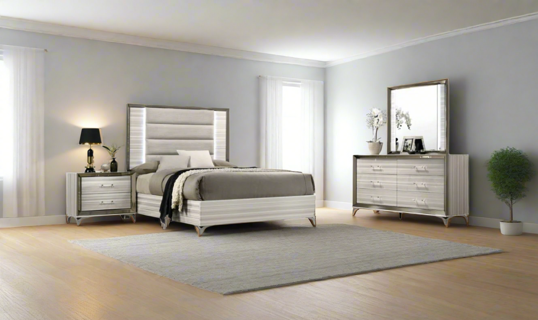 Global Furniture Zambrano White Bedroom Set With LED (King / Queen size)