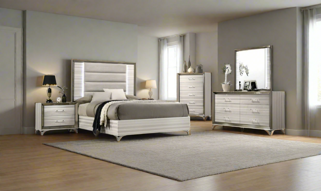 Global Furniture Zambrano White Bedroom Set With LED (King / Queen size)