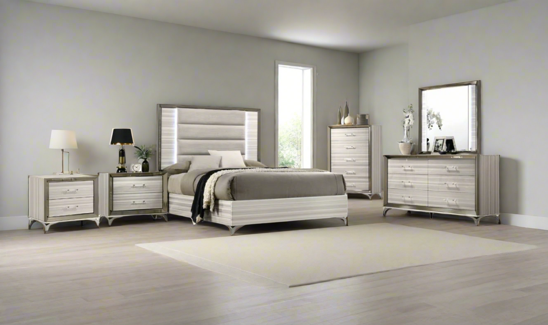 Global Furniture Zambrano White Bedroom Set With LED (King / Queen size)