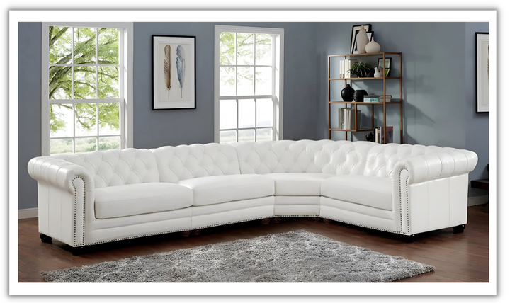 Aliso Leather Sectional Sofa with Nailhead Finish in Cream White