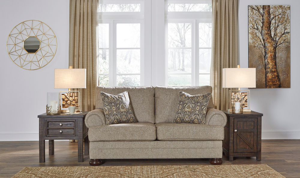 Ashley  Kananwood Oatmeal Fabric Loveseat with Rolled Arms-Leahyco