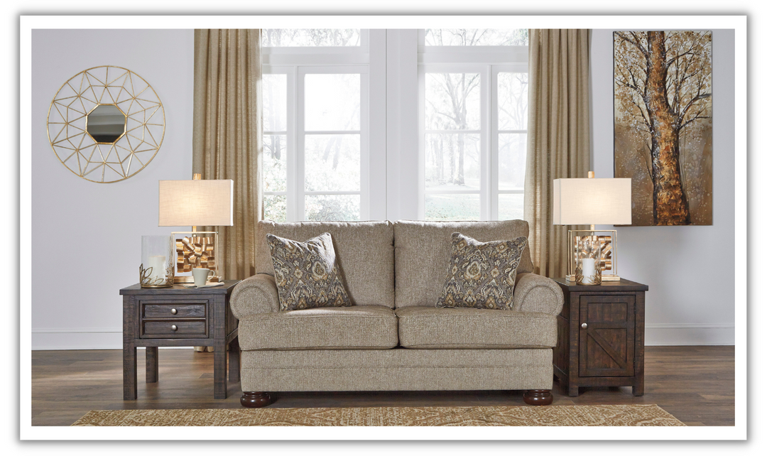 Ashley  Kananwood Oatmeal Fabric Loveseat with Rolled Arms-Leahyco