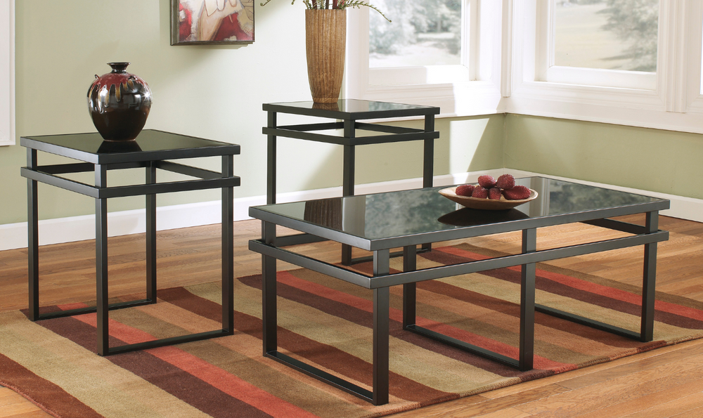 Ashley Laney Coffee Table Set with Black Glass Top-Leahyco