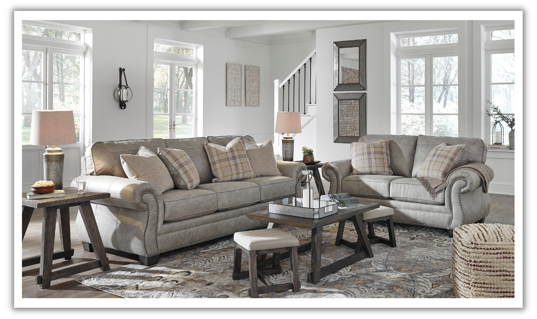 Ashley Olsberg Leather Traditional Living Room Set in Gray-Leahyco