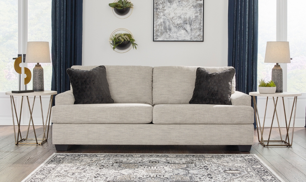 Ashley  Vayda 2-Seater Pebble Fabric Sofa With Fur Accent Pillows-Leahyco