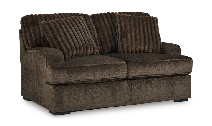 Ashley Aylesworth Fabric Loveseat With Pillows In Chocolate Brown- Leahyco