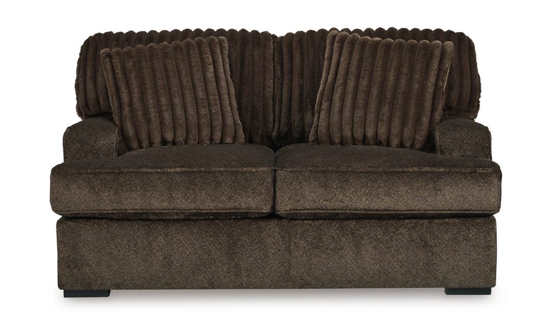 Ashley Aylesworth Fabric Loveseat With Pillows In Chocolate Brown- Leahyco