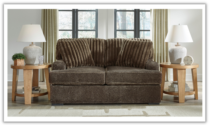 Ashley Aylesworth Fabric Loveseat With Pillows In Chocolate Brown- Leahyco