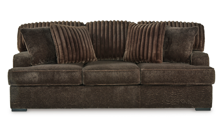 Aylesworth Fabric Sofa With Reversible Cushions In Chocolate Brown- Leahyco