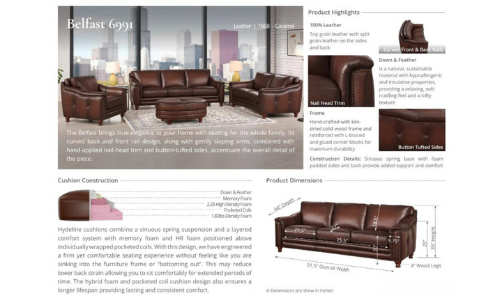 Belfast 2-Seater Leather Loveseat With Nailheads-Leahyco