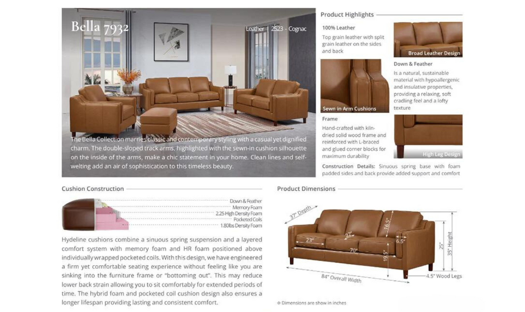 Bella Leather 3-Seater Sofa