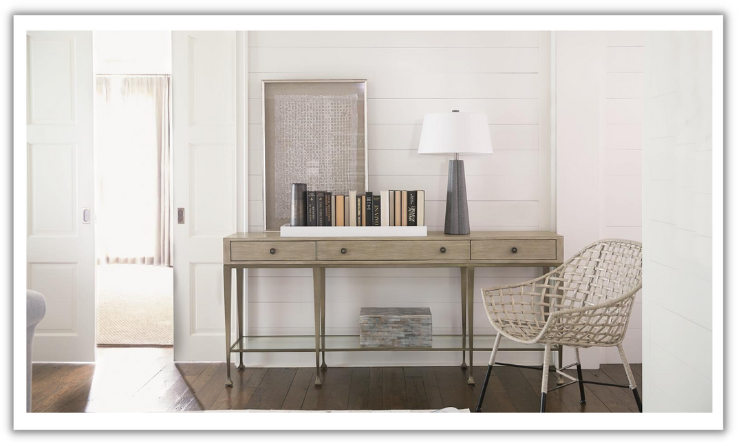 Bernhardt Santa Barbara Rectangle Wood Console Table with Steel Base-Leahyco