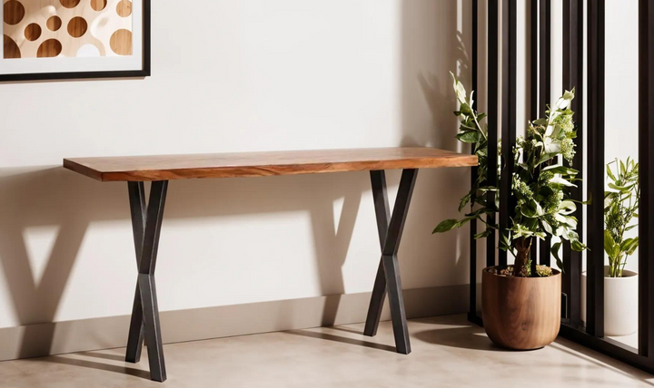 HTD Brisbane Console Brown Table in Natural Sheesham Wood and Iron Legs- Leahyco