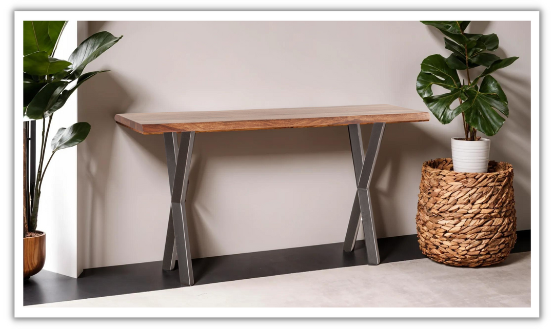 HTD Brisbane Console Brown Table in Natural Sheesham Wood and Iron Legs- Leahyco