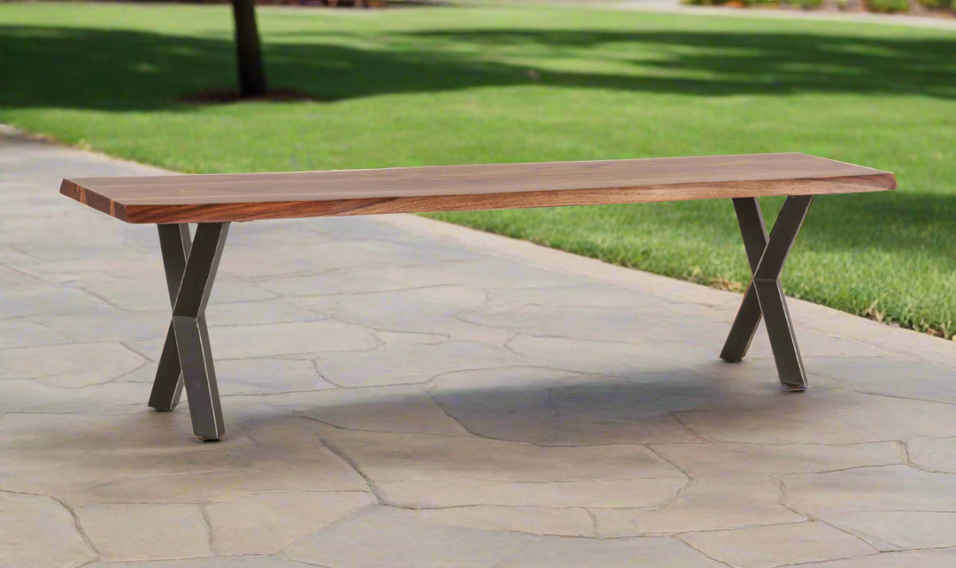 HTD Brisbane Brown Dining Bench in Natural Sheesham Wood and Iron Legs- Leahyco