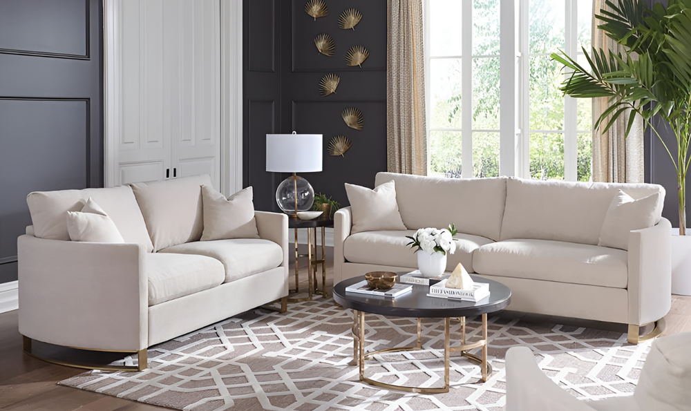 Corliss Beige Fabric Living Room Set with Recessed Arms-Leahyco