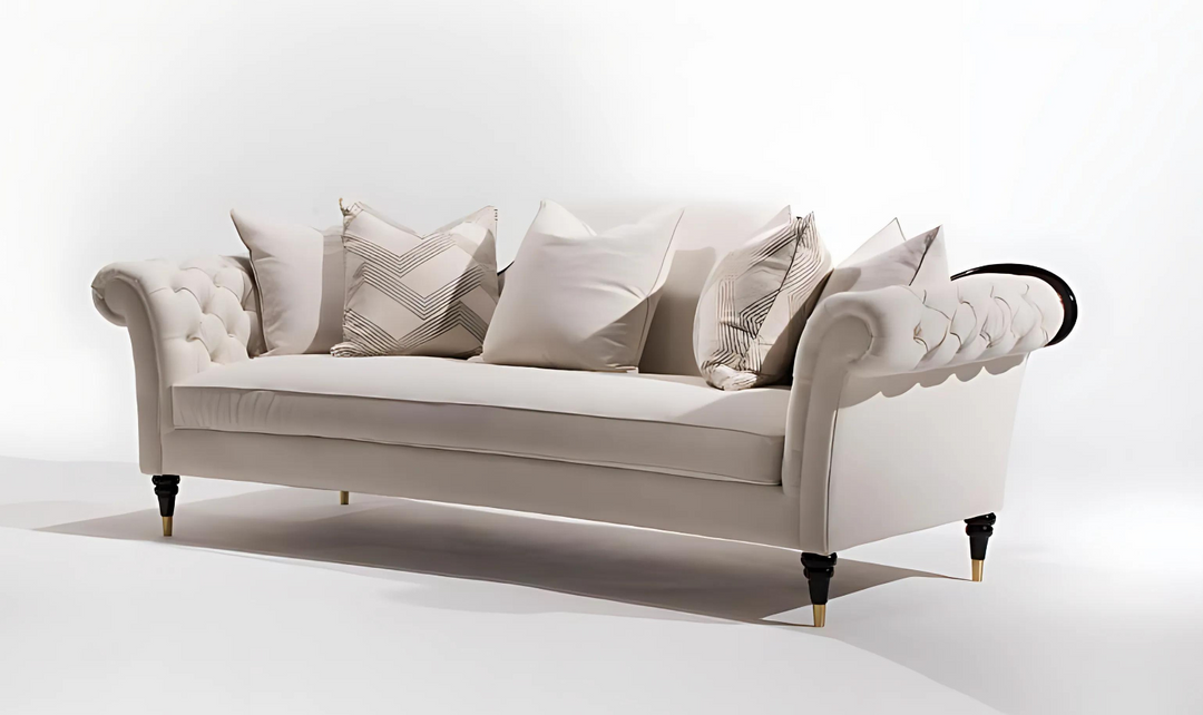 Gio Italia Dantone 3-Seater White Fabric Sofa with Tufted Rolled Arm