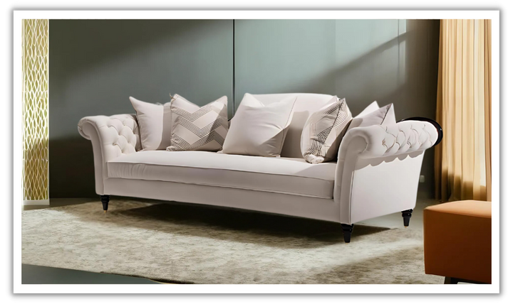 Gio Italia Dantone 3-Seater White Fabric Sofa with Tufted Rolled Arm