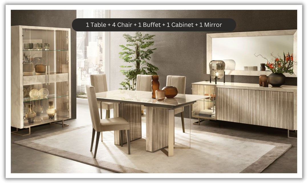 ESF Italia Luce Wooden Dining Room Set In Beige With High Gloss Lacquer Finish