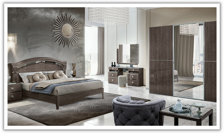 ESF Italia Nabucco Queen Wooden Brown Bedroom Set with High Gloss Lacquer Finish