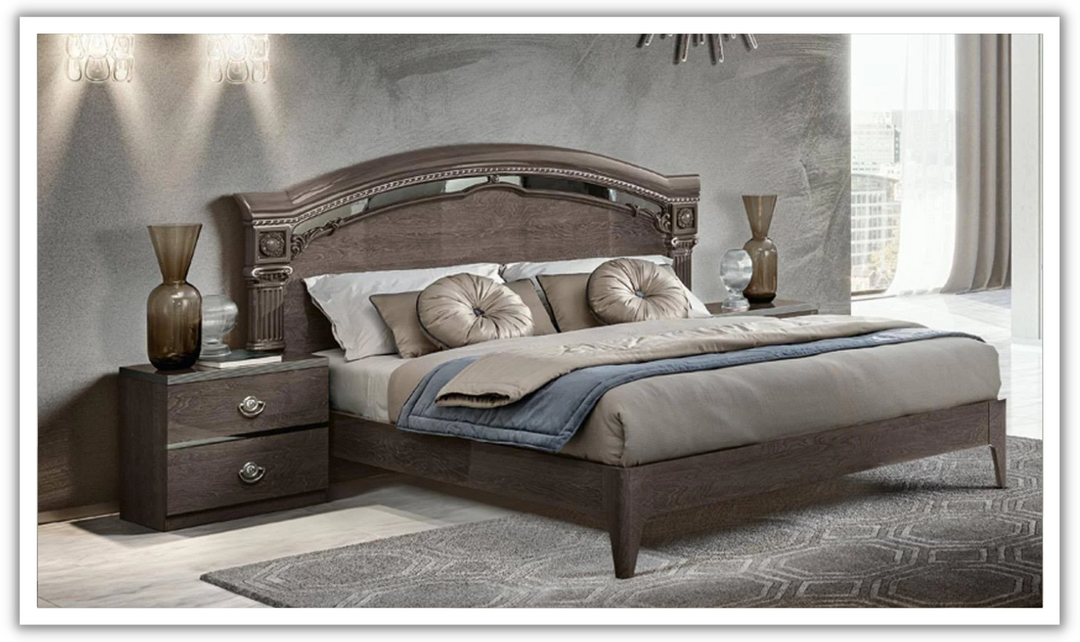 ESF Italia Nabucco Wooden Brown Queen Size Bed with High Gloss Lacquer Finish