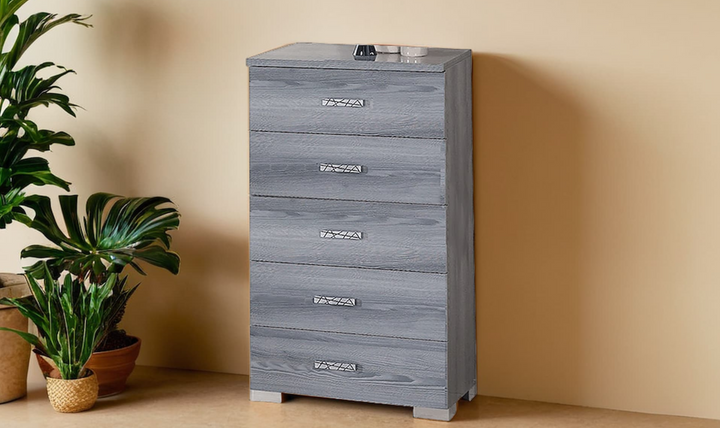 ESF Italia Nicole 5 Drawer Wooden Gray Chest with High Gloss Lacquer Finish