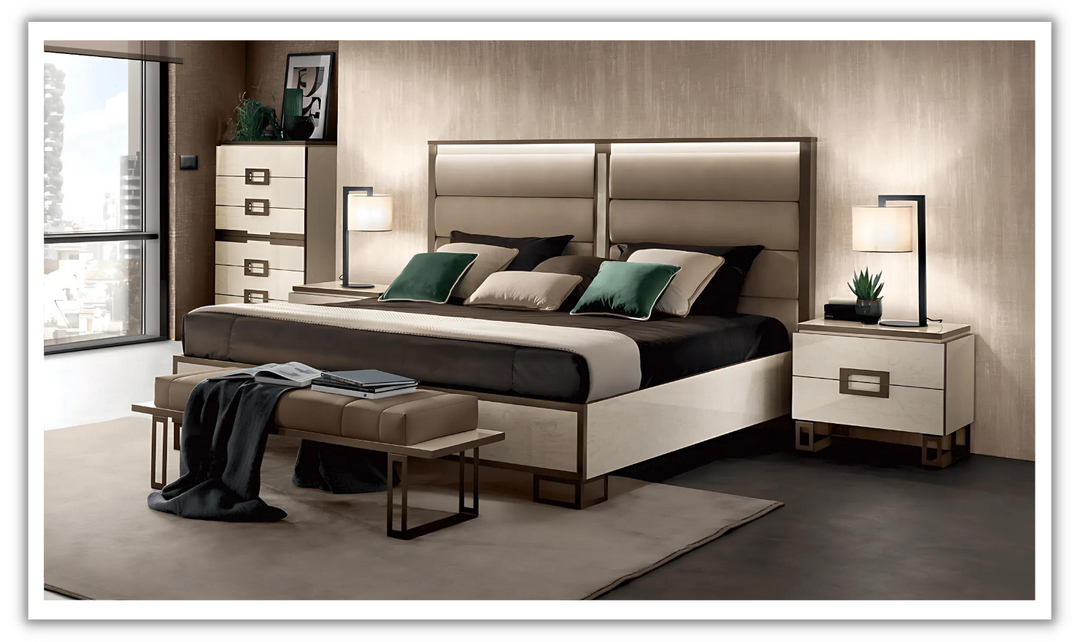 ESF Italia Poesia Rectangle Wooden Bed with Upholstered Headboard (King / Queen)-Leahyco