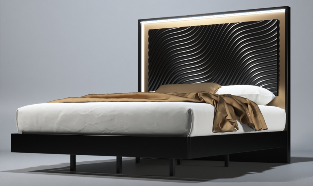 ESF Italia Wave Dark Gray Wooden King/Queen Size Bed With Wave Pattern Headboard