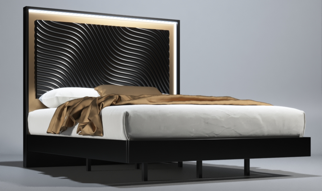 ESF Italia Wave Dark Gray Wooden King/Queen Size Bed With Wave Pattern Headboard