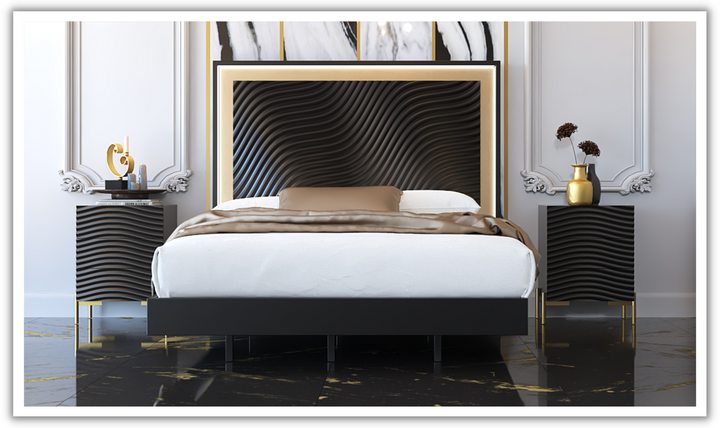 ESF Italia Wave Dark Gray Wooden King/Queen Size Bed With Wave Pattern Headboard