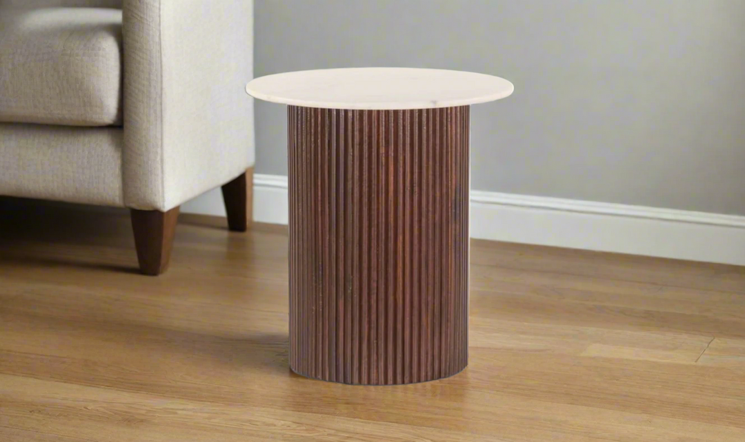 Amalfi 22" Round Side Table in Mango Wood with White Marble-Leahyco