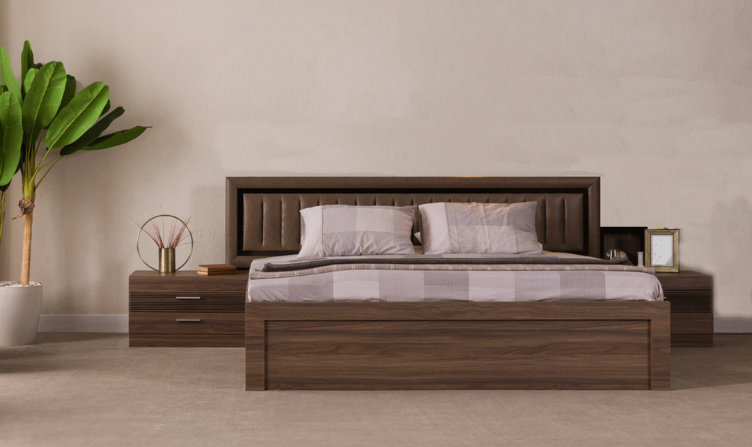 ESF Italia Lindo Queen Size Bed with Storage and Leather Headboard In Brown