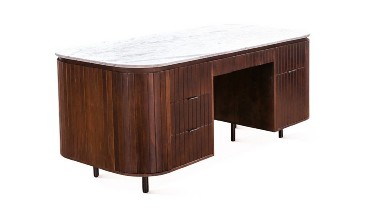 Athena 72" Office Desk with White Marble Top in Aged Mahogany-Leahyco