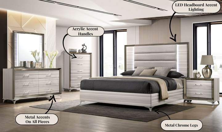 Global Furniture Zambrano White Bedroom Set With LED (King / Queen size)- Leahyco