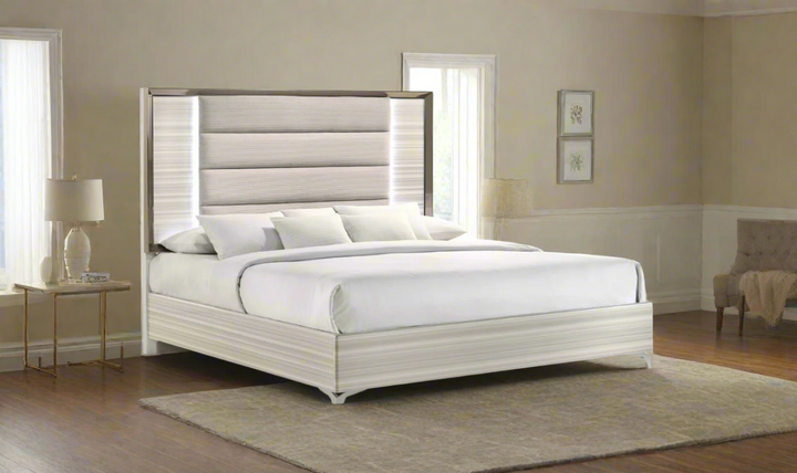 Global Furniture Zambrano White Bedroom Set With LED (King / Queen size)- Leahyco