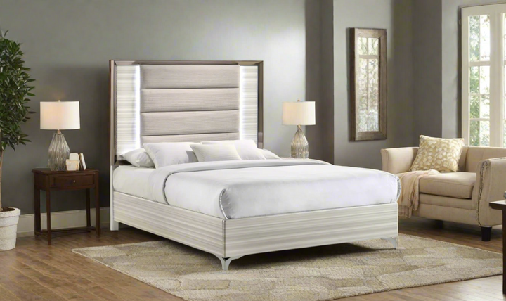 Global Furniture Zambrano White Bedroom Set With LED (King / Queen size)- Leahyco