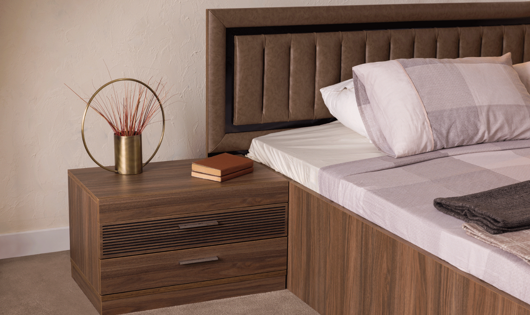 ESF Italia Lindo Queen Size Bed with Storage and Leather Headboard In Brown