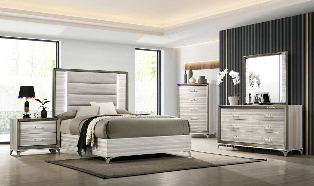 Global Furniture Zambrano White Bedroom Set With LED (King / Queen size)- Leahyco