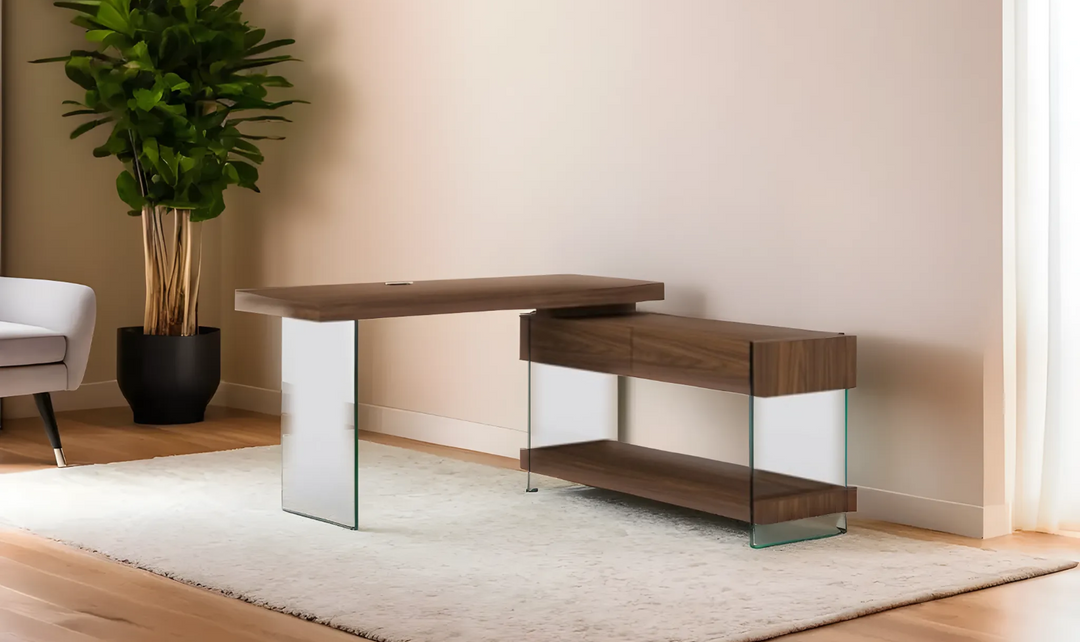 Leahyco Italia Aqua Swivel Desk in Walnut Veneer & Tempered Glass-Leahyco