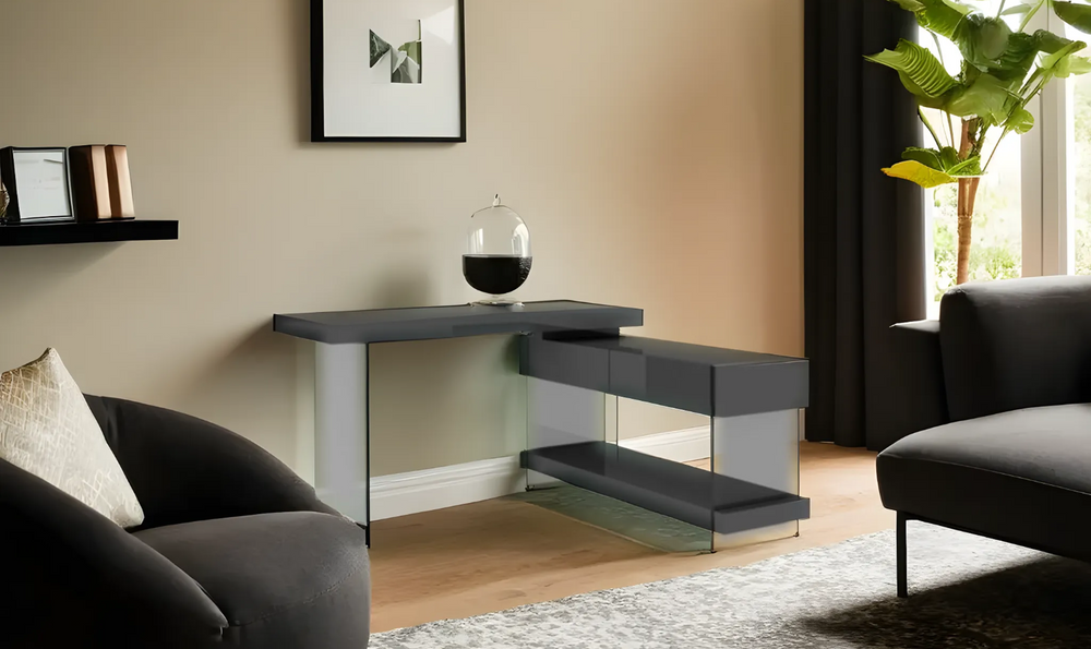 Patchwork 2-Drawer Modern Glass Desk with 360 Swivel Moment-Leahyco