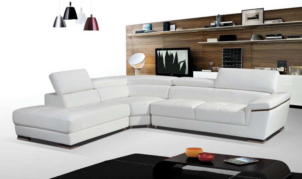 ESF Mendola Leather Sectional Sofa with Adjustable Headrest In White- Leahyco