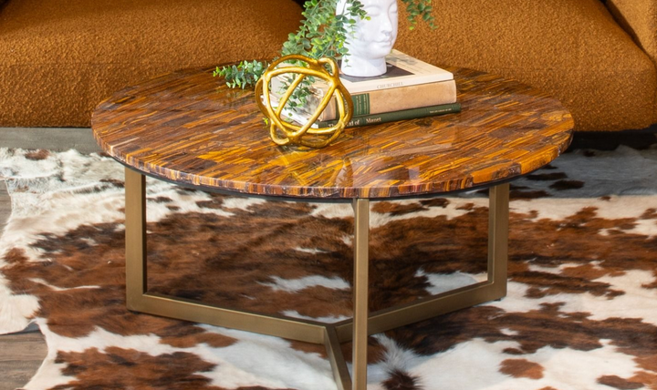 HTD Calico 36" Round Coffee Table in Tiger Eye with Iron Base