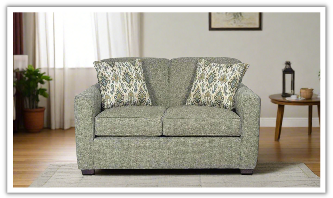 Craftmaster Stacey Gray Fabric Loveseat in Wooden Finish with 2 Pillows- Leahyco