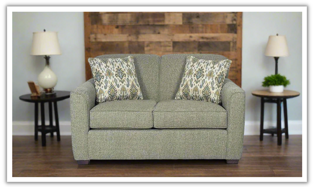 Craftmaster Stacey Gray Fabric Loveseat in Wooden Finish with 2 Pillows- Leahyco