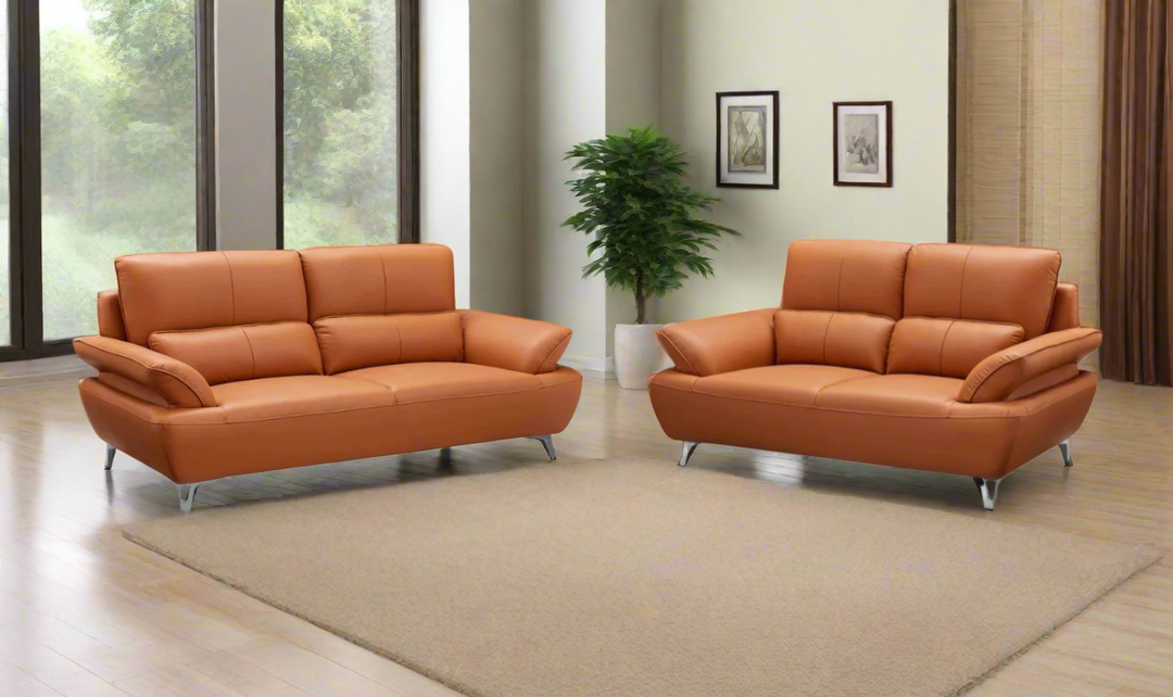 ESF Furniture Top Grain Leather Manta Living Room Set in Orange- Leahyco