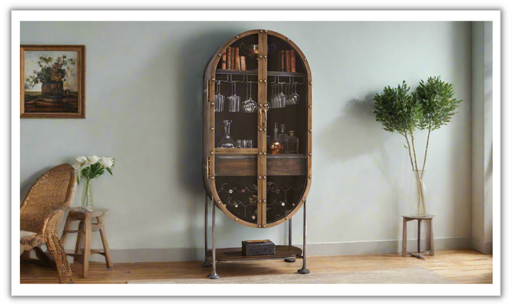 HTD Bowery Oval Iron Bar Cabinet with Glass Doors