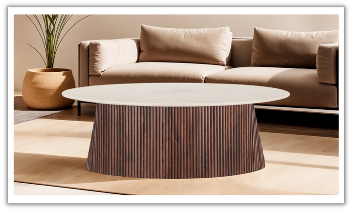 Amalfi 52" Coffee Table in Mango Wood with White Marble- Leahyco