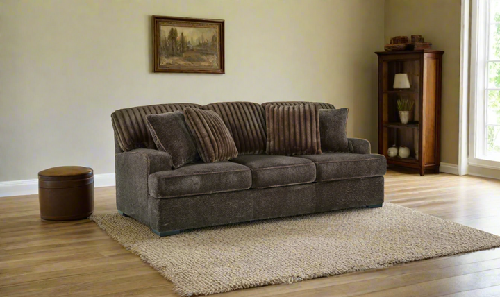 Aylesworth Fabric Sofa With Reversible Cushions In Chocolate Brown- Leahyco