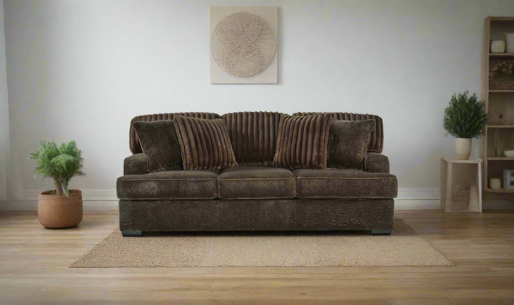 Aylesworth Fabric Sofa With Reversible Cushions In Chocolate Brown- Leahyco