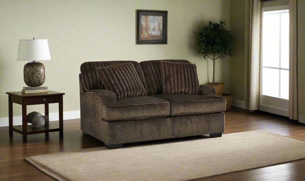 Ashley Aylesworth Fabric Loveseat With Pillows In Chocolate Brown- Leahyco